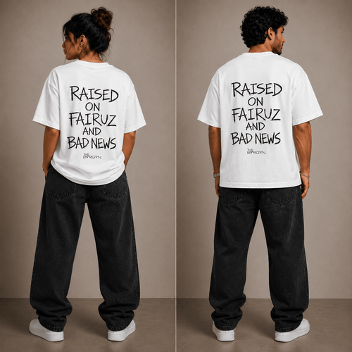 Raised on Fairuz and Bad News Oversized T-Shirt in white by The Bargain LB